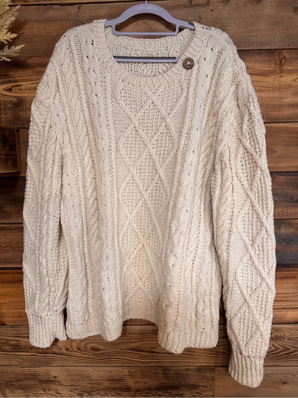 Hand Knit Ivory Aran Cable Knit Fisherman Sweater Cottagecore Cozy L - 2X